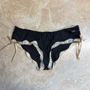 DKNY Black Panty Brief Tan Lace & Bows Large NWOT